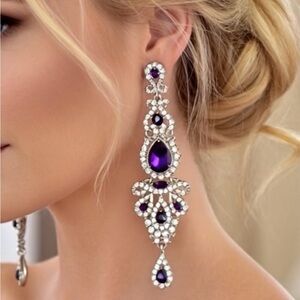 Purple Earrings Long Chandelier Statement Pageant Prom Rhinestones
